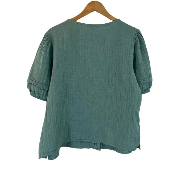 Sonoma Sage Green Button Up Blouse XL V Neck Pleated Shoulder Balloon Sleeve Top - Picture 2 of 5